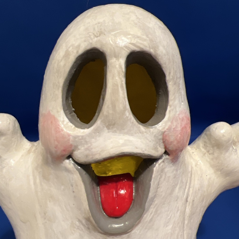 Vtg '89 Juta Chalkware Halloween Happy Ghost Pumpkins Candle Cover Figurine 7x8" - Picture 3 of 13
